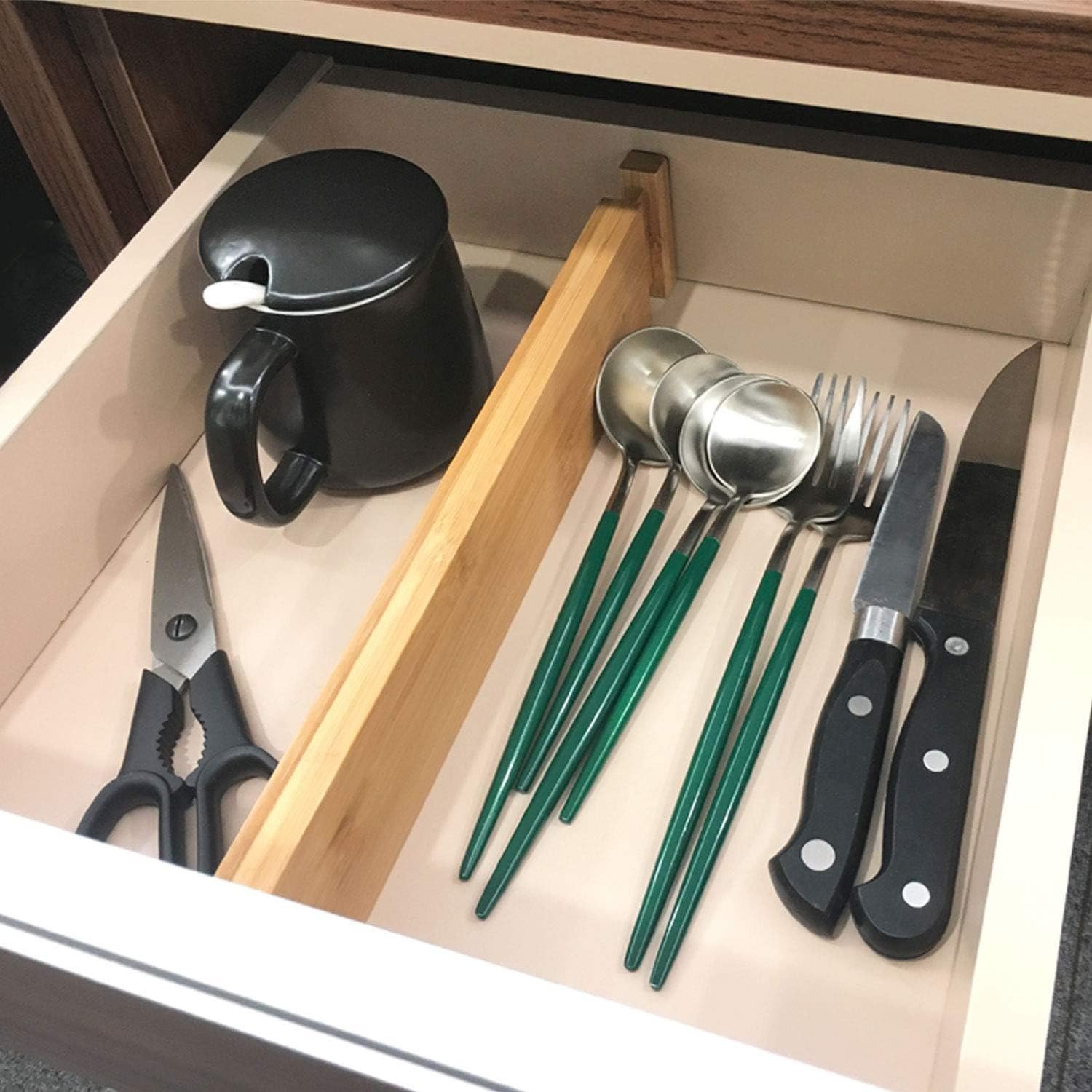 Bamboo drawer divider set - example kitchen organization