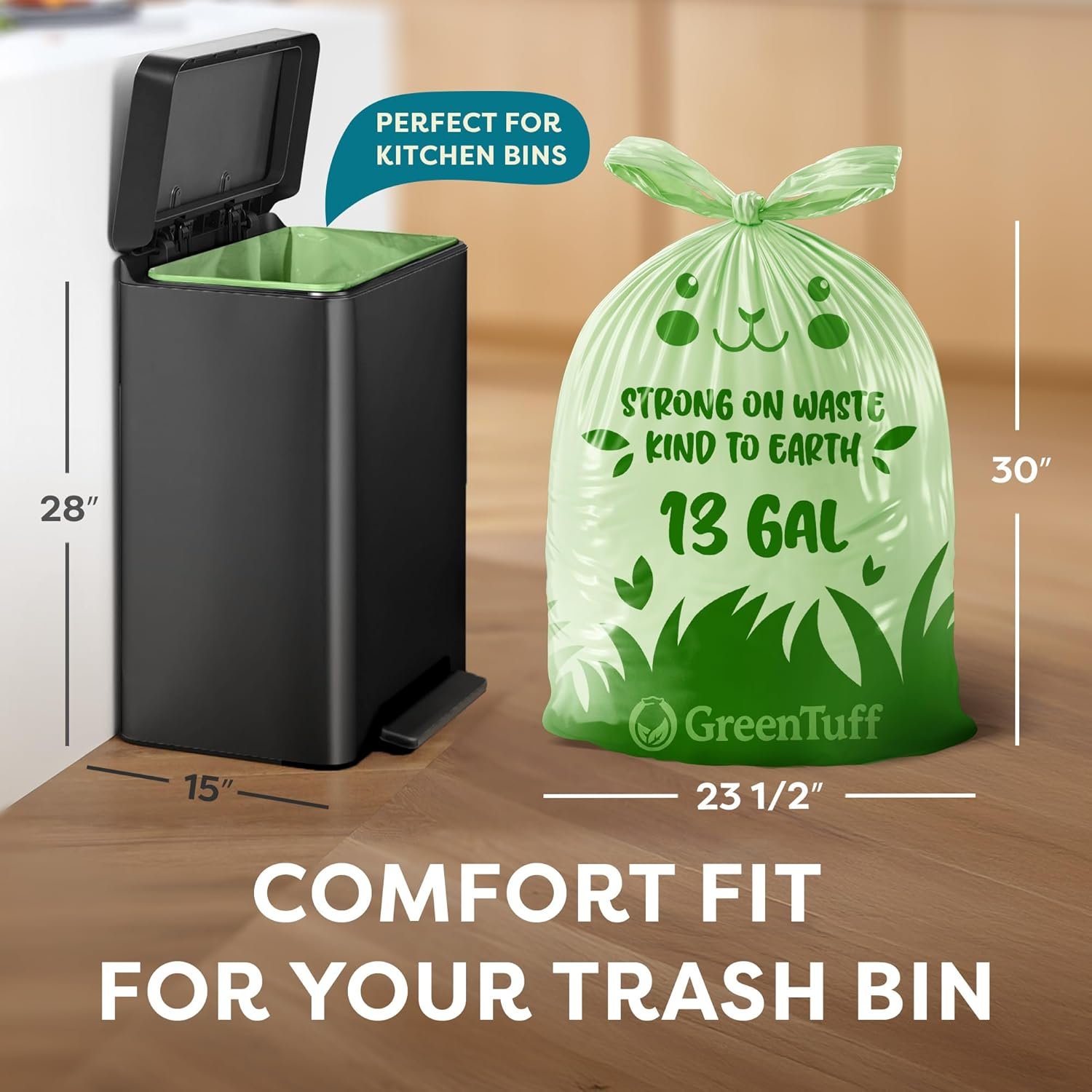 13 gallon compostable trash bags - dimensions and bin fit