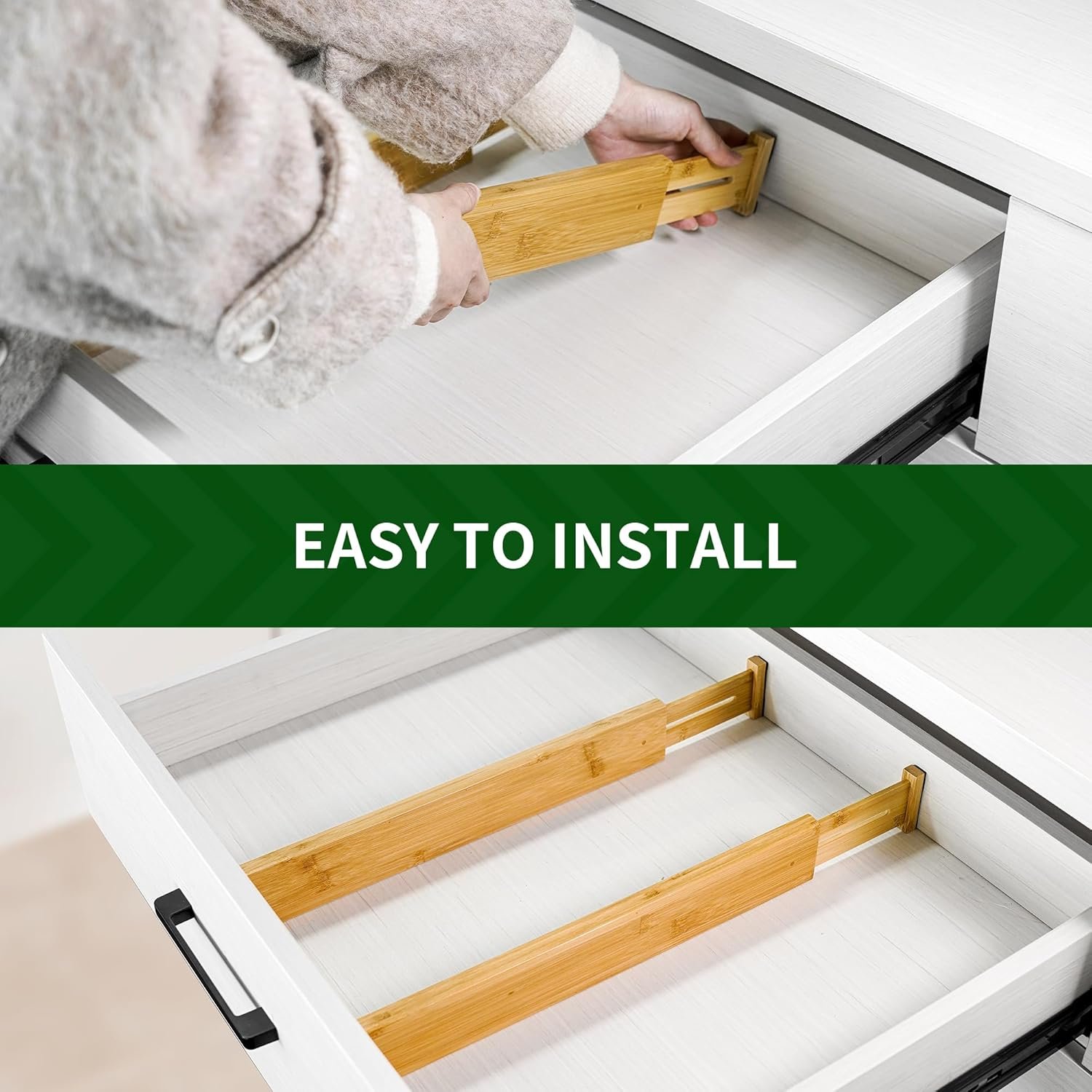 Organizador de cajones de bambú expandible - instalación por tensión